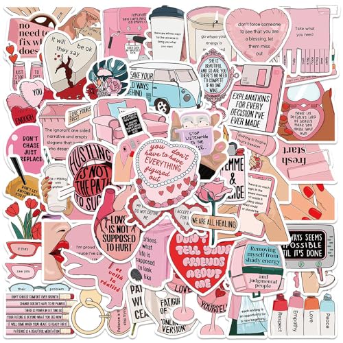Love Yourself Positive Pink Stickers for Women Girls, 50PCS Rejection of Internal Friction Aesthetic Inspirational Waterproof Stickers for Water Bottle Laptop Scrapbook, Motivational Decals