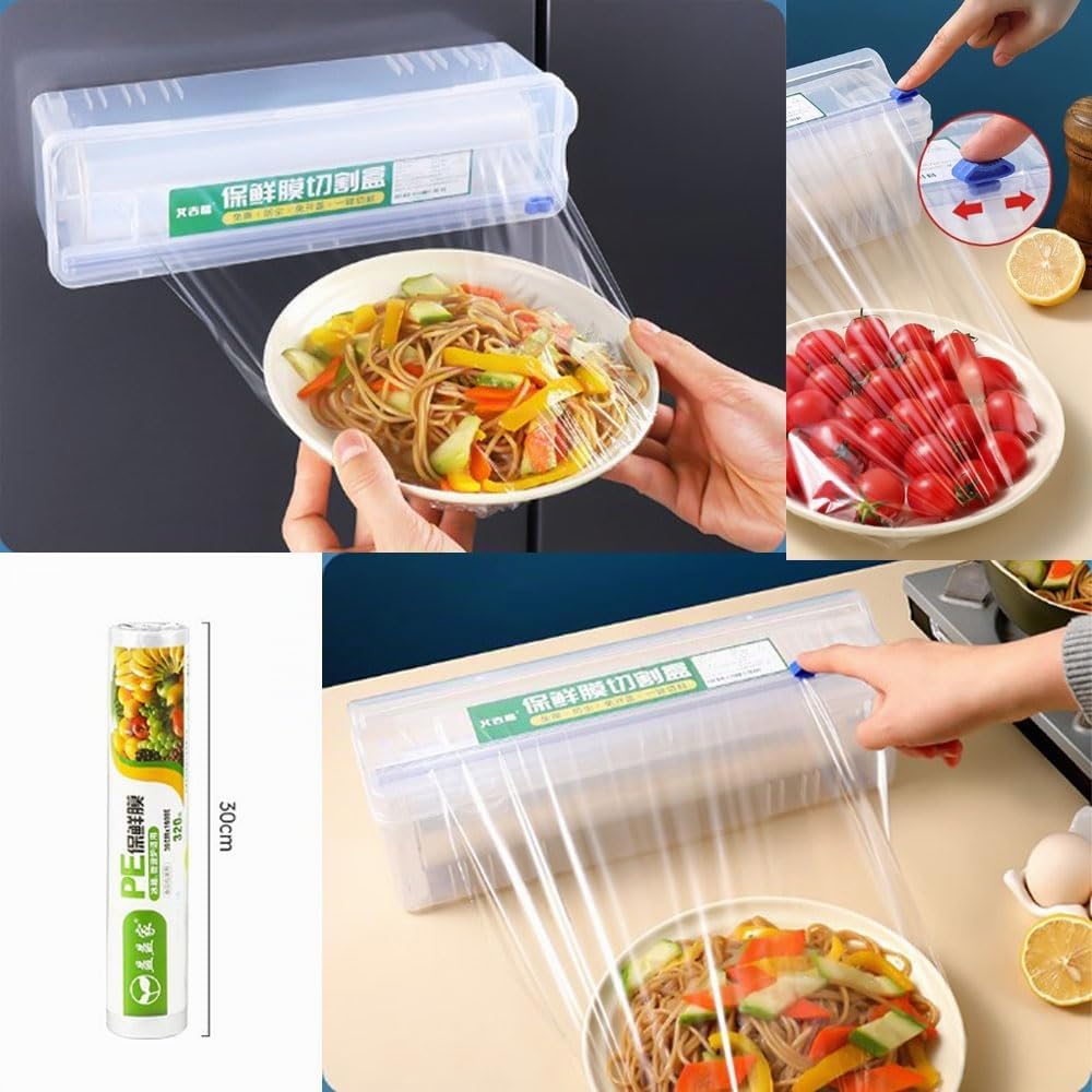 JCAKES Rouleau de film étirable - 30 cm x 3000 cm - Avec dévidoir de film alimentaire, Film d'emballage transparent,Distributeur Film Alimentaire,Coupe-Film Plastique, Film etirable