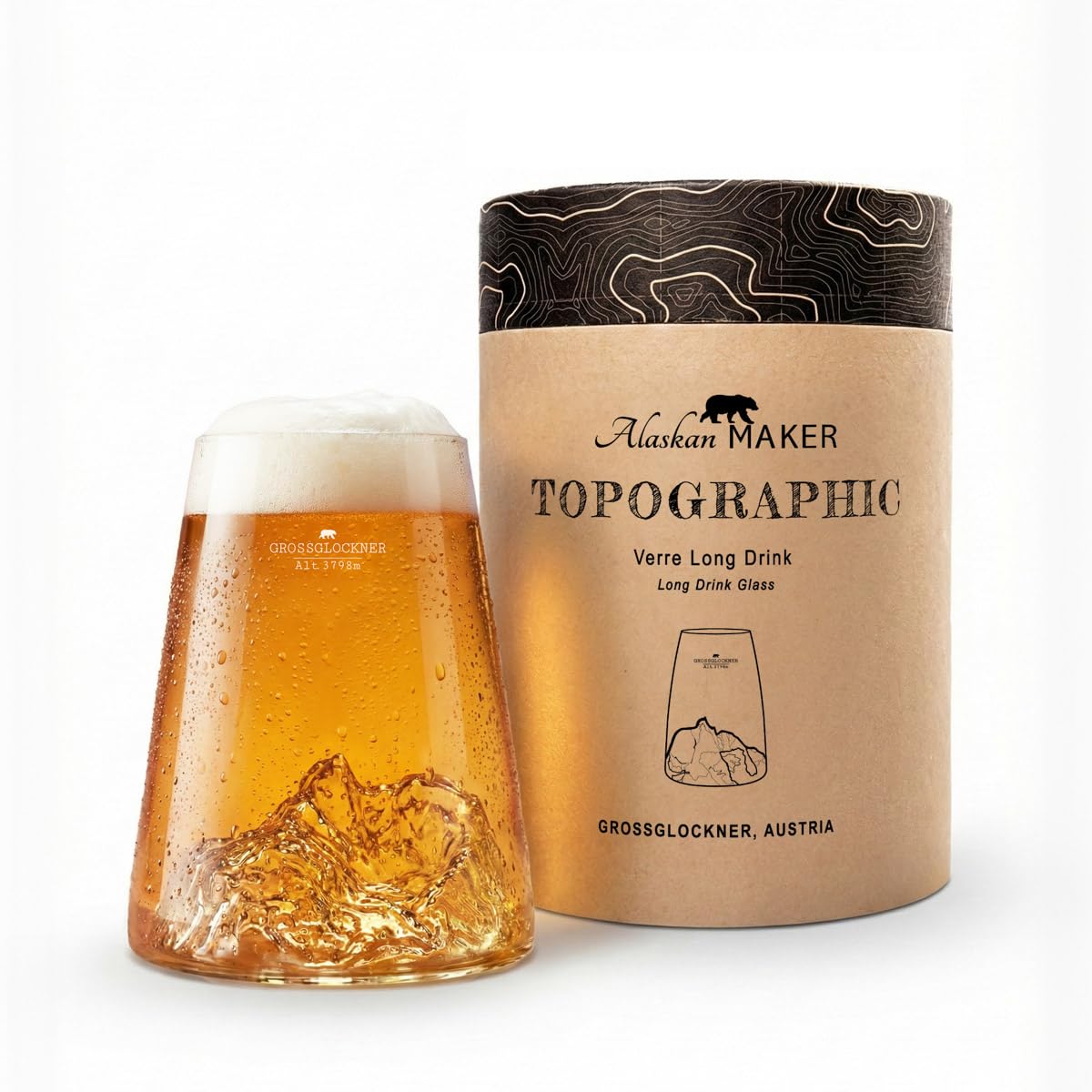 Long glass 450ml - High quality Borosilicate hand-blown with embossed mountains | Cocktail, beer or soft TOPOGRAPHIC (Grossglockner) — image 1
