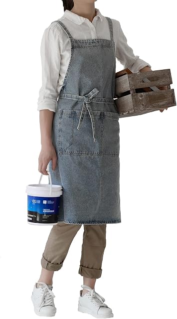 Pincy Denim Apron Cross Back, Unisex Adjustable Bib Apron with Pockets for Cooking Kitchen