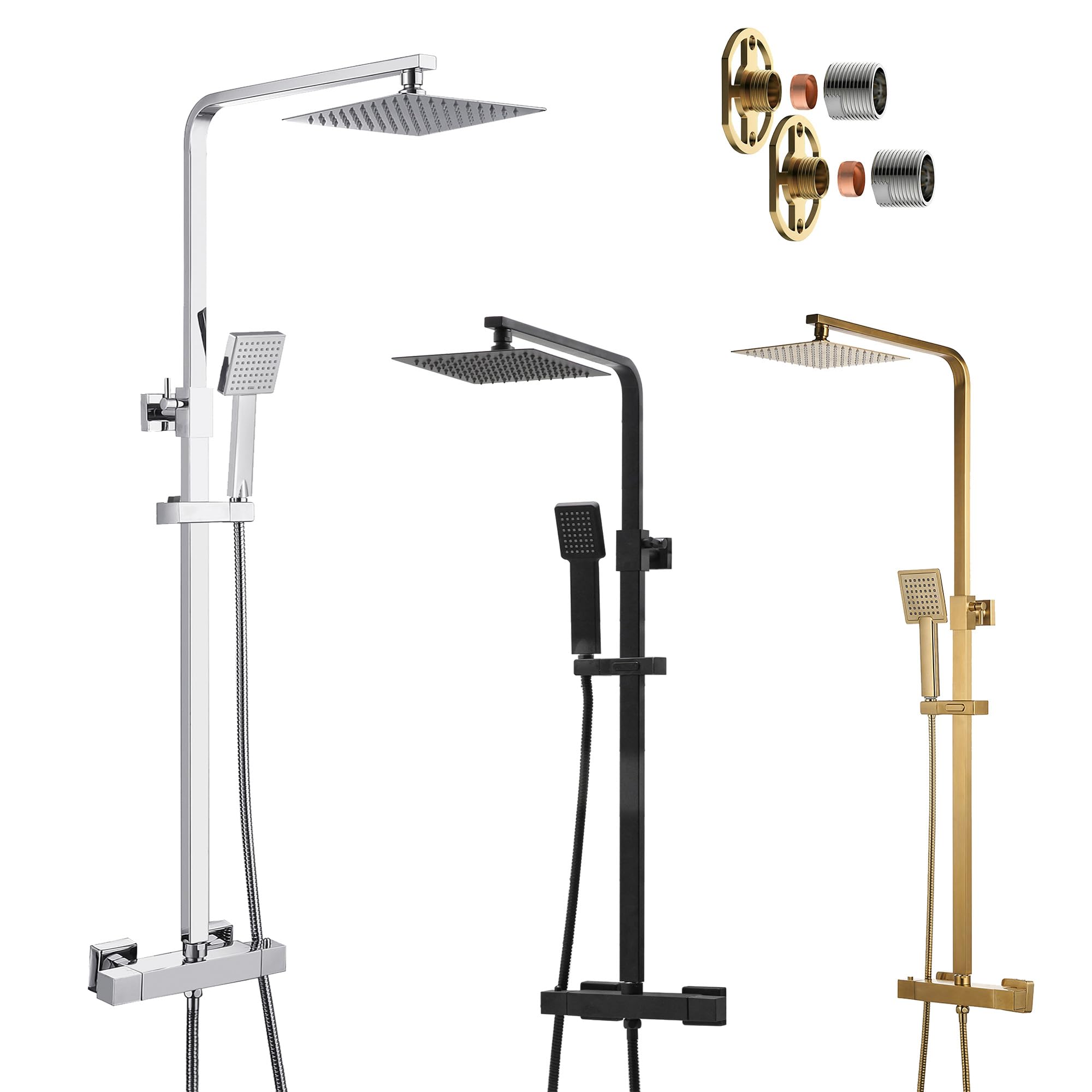 The Home Store Chrome Square Thermostatic Shower Kit Twin Head Overhead Rigid Riser - Brushed Brass Matt Black (Chrome)