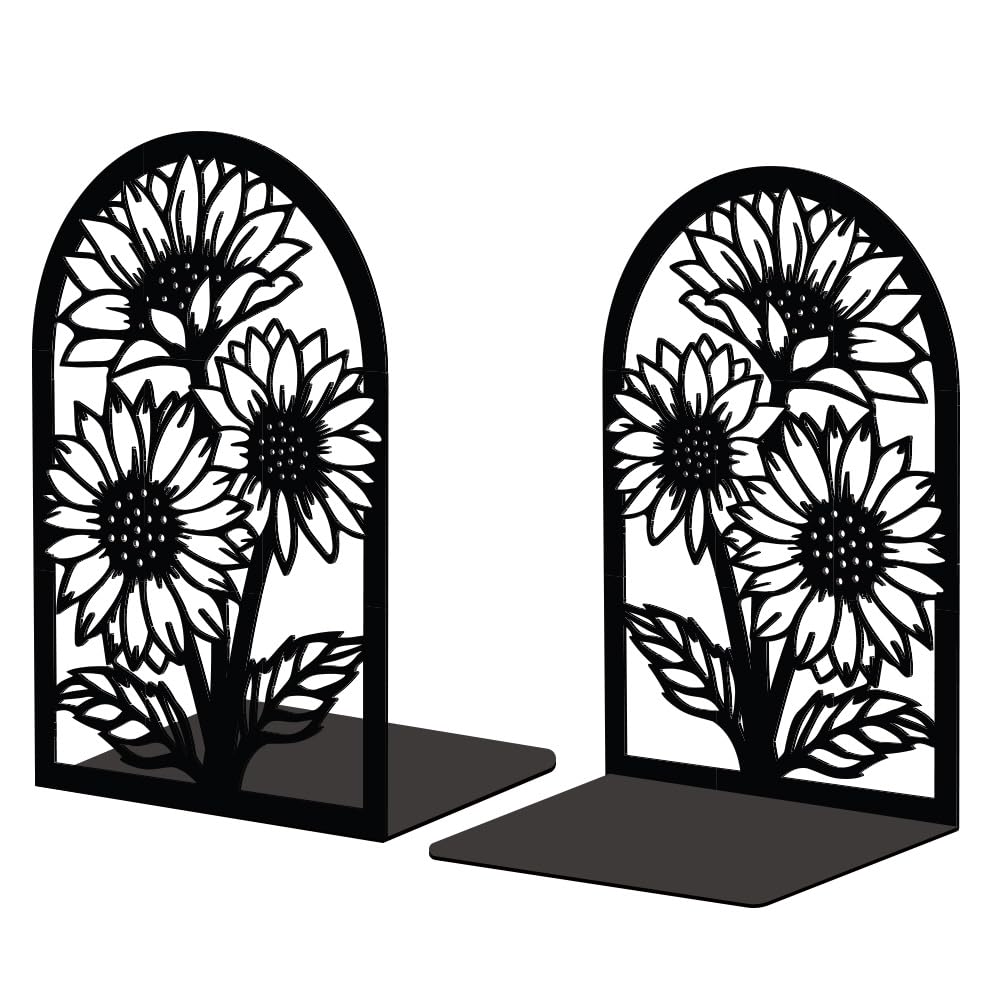 Peacoblue Metal Bookend Stopper Holder Stand for Shelves Decorative, 5.3"x4.3"x7.9" Modern Creative Heavy Duty Study Book End for Desk Shelf, 1 Pair (Sunflowers)
