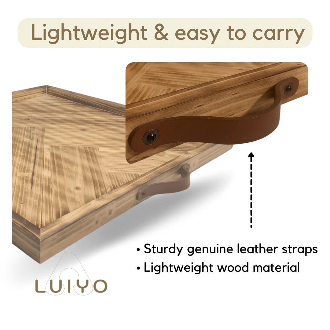 LUIYO Large Ottoman Tray with Leather Handle Decorative Wooden 24 x 24 x1.5 Inches Square Serving Tray Best for Coffee Table, Living Room and Kitchen