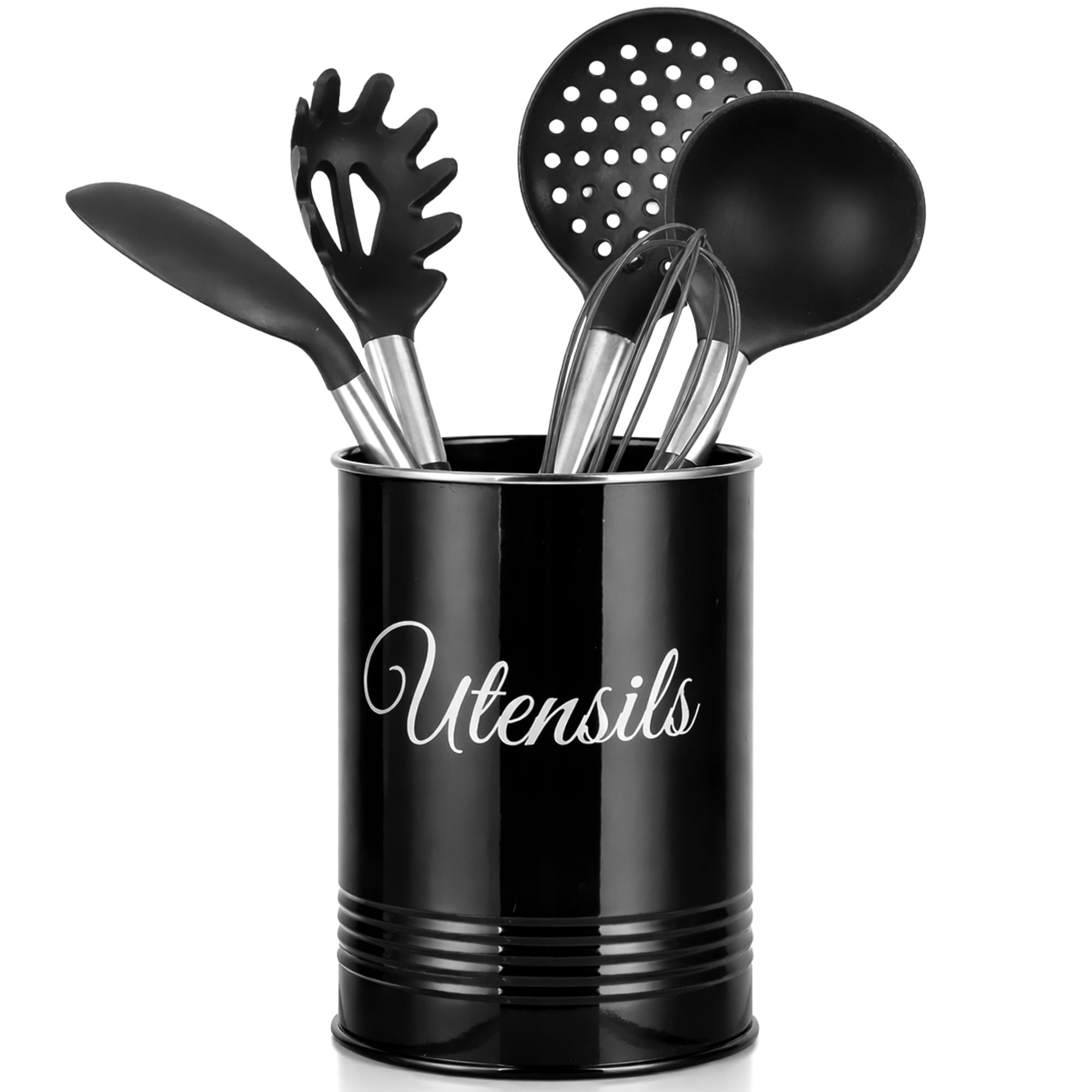 Innoteck Metal Utensil Holder, Rust-Proof Cutlery Organiser Pot for Countertop Storage of Spoons, Spatulas, Knives, Forks & Cooking Tools – Farmhouse Style Black