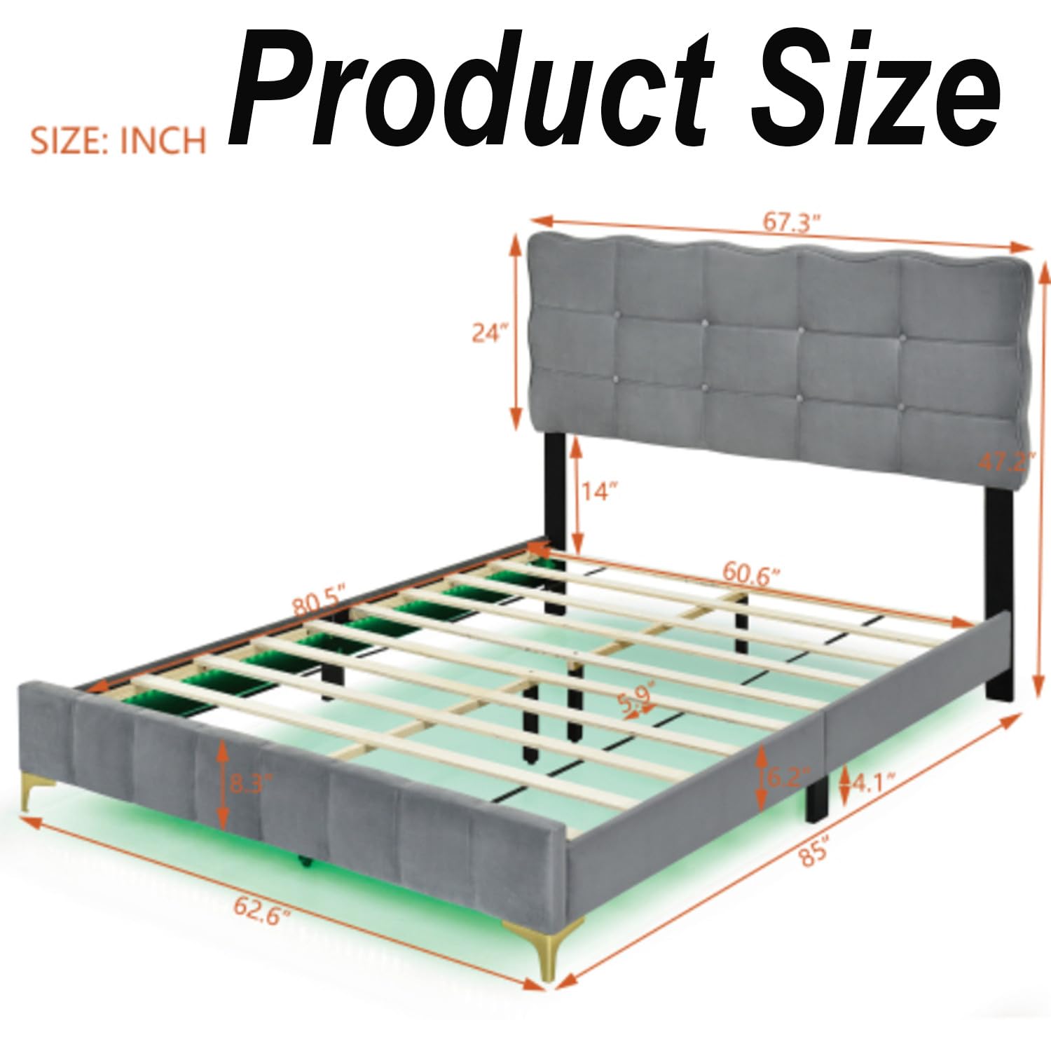 Bed Frame Modern Design Velvet Platform Bed 