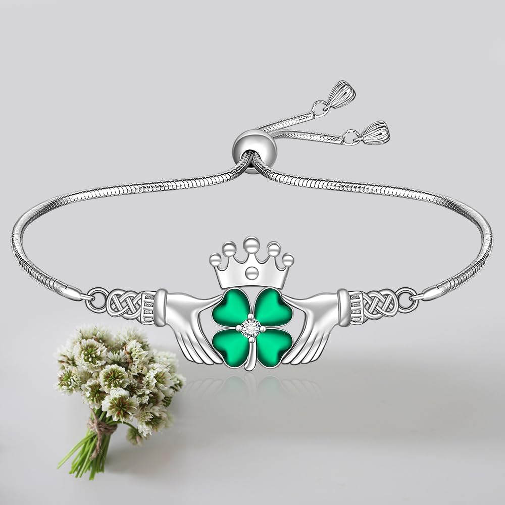 St Patricks Day Four Leaf Clover Bracelet Shamrock Bracelet for Women Sterling Silver Celtic Claddagh Irish Shamrock Green Lucky Clover Jewelry Gifts