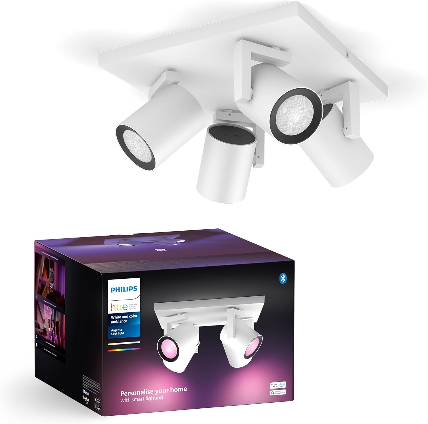 Philips Hue Argenta, Faretto LED da soffitto, Bianco, Confezione da 4 | Dimmerabile, 16 milioni di colori, Smart Home, Controllo vocale via app, Lampadina GU10 inclusa