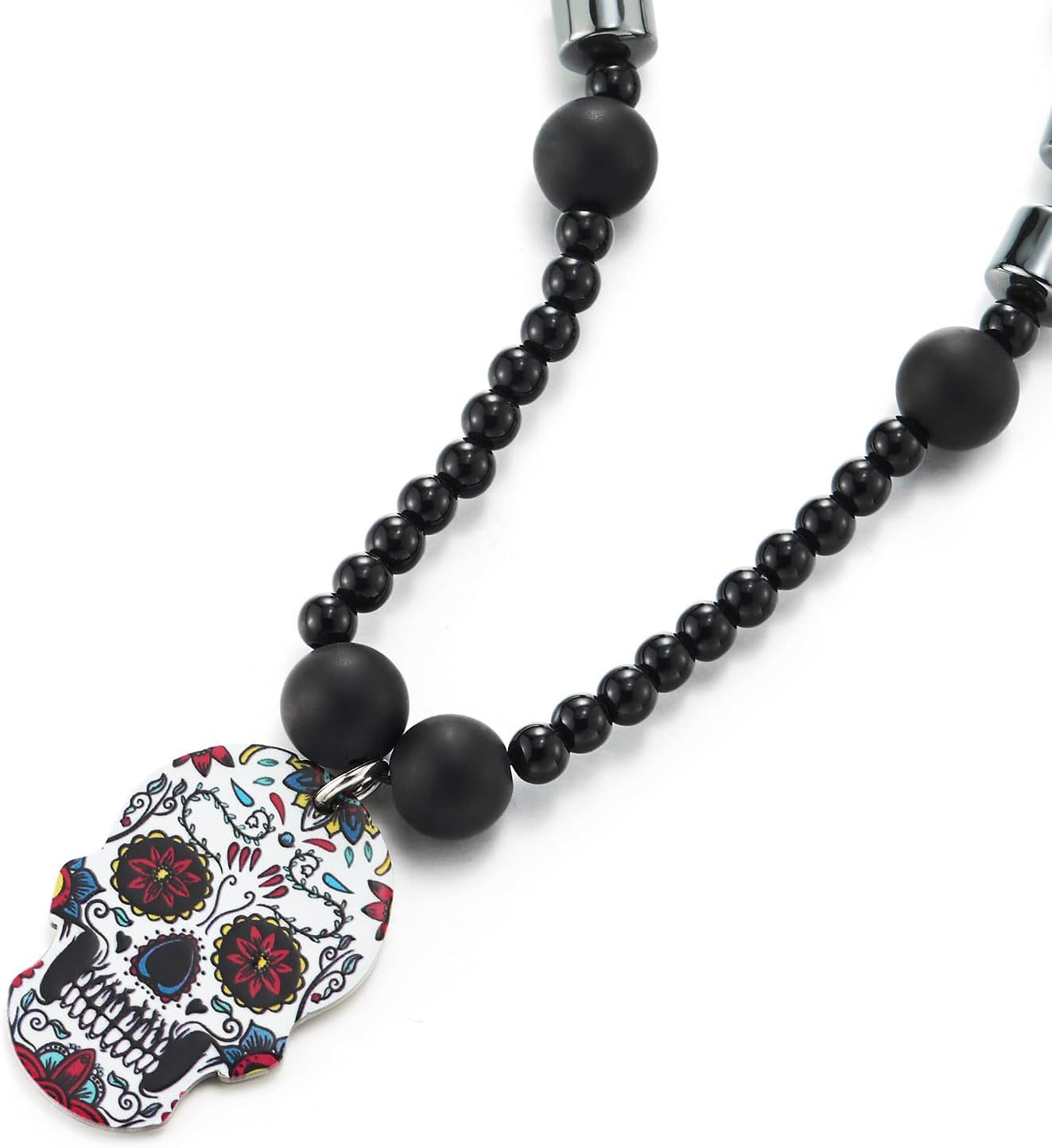 COOLSTEELANDBEYOND Sugar Skull Pendant Necklace for Men Black Beads with Hematite, Dia de los Muertos Gothic Jewelry - Image 3