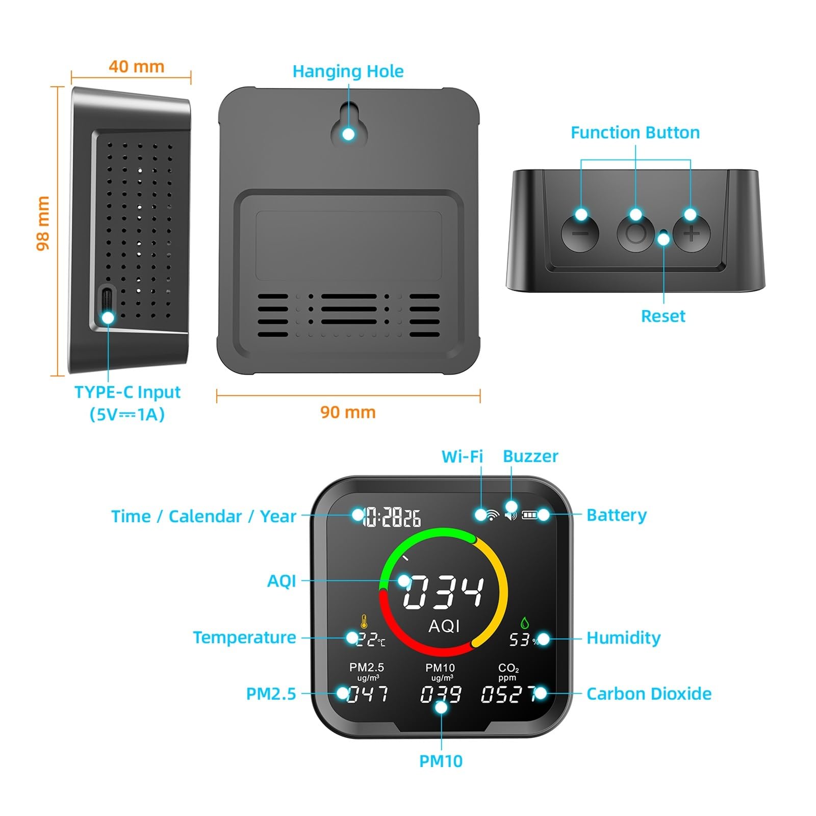 Probador de calidad del aire Detector de calidad del aire multifunción, Sensor de temperatura y humedad, Monitor de Gas de dióxido de carbono PM10, PM2.5,Disfrute de los beneficios para la salud
