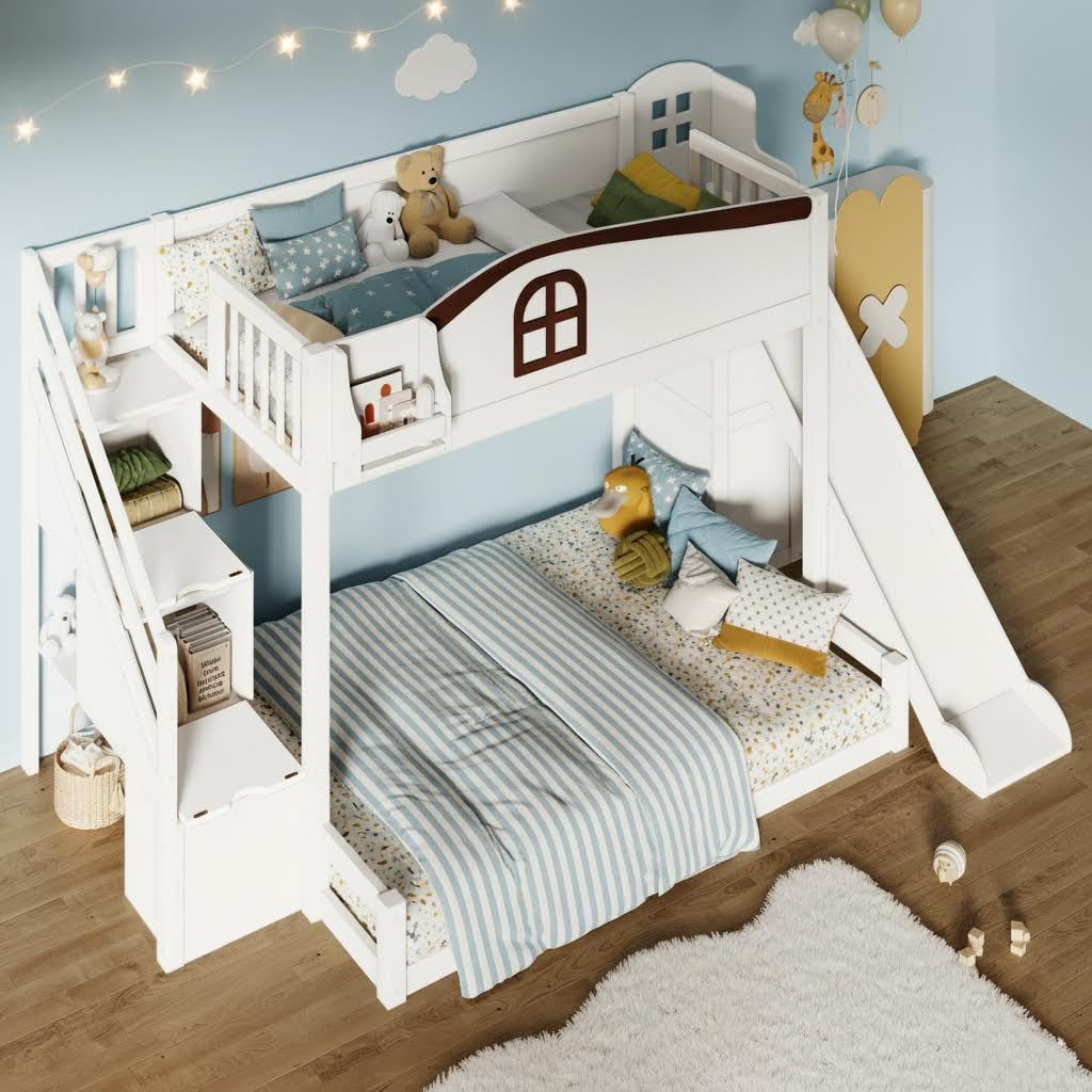 LUMISOL Twin Over Full Floor Bunk Bed with Slide and Storage Staircase, Solid Wooden Bunk Bed with Storage Wardrobe and Safety Guardrails for Kids, White+Espresso