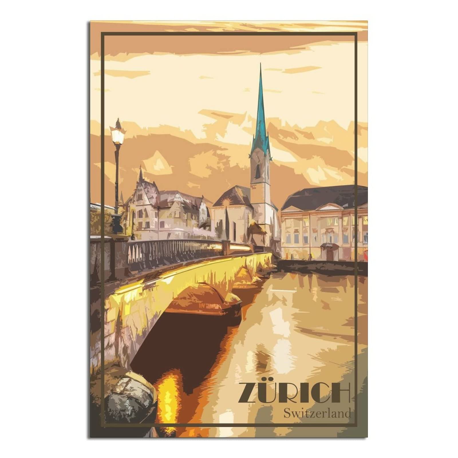 Uejd Unframe-Style Zurich Switzerland Vintage Travel Poster Skyline Decorative Posters Modern Bedroom Canvas Art Poster Picture Painting Posters Wall Decor Art Gift