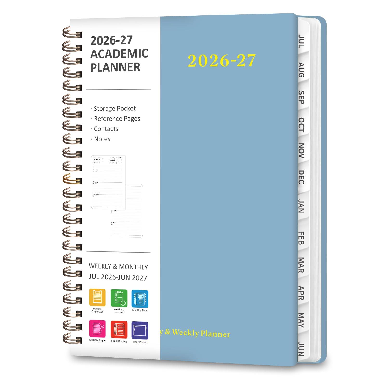 Planer 2026–2027, wöchentlicher und monatlicher akademischer Jahreskalender, Juli 2026 – Juni 2027, Tagesplaner für Büro- und Schulbedarf, A5 (16,3 x 21,6 cm)