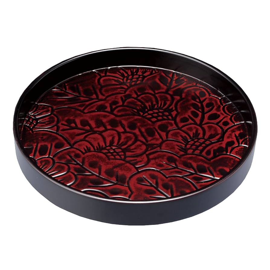 未使用品　鎌倉彫　菊　盆　アンティーク　昭和レトロ VINTAGE - 【昭和レトロ】鎌倉彫 お盆 丸盆 朱 紅葉 もみじ 楓