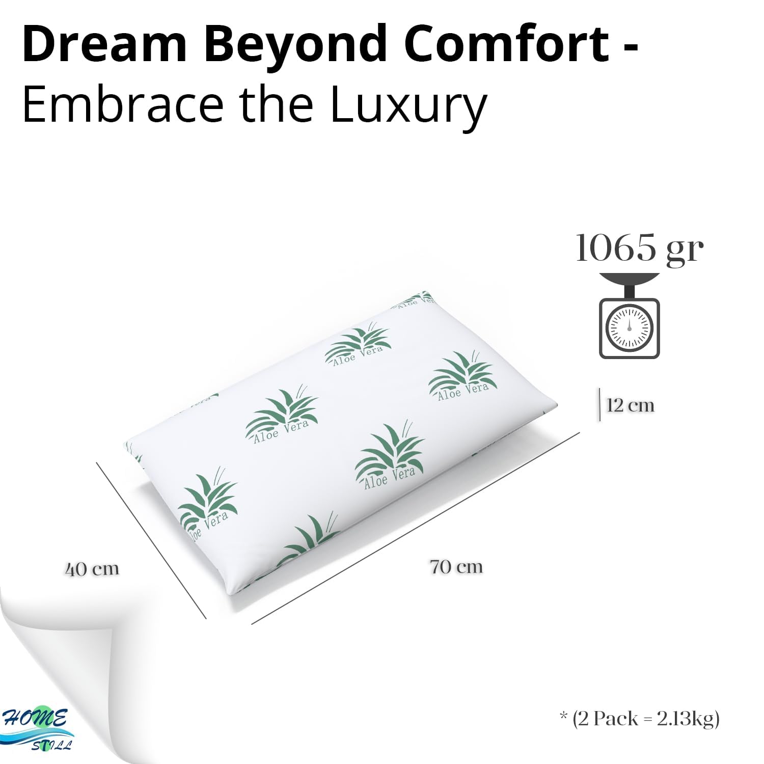 HOME STILL Juego de 2 almohadas de espuma viscoelástica, 40 x 70 x 12 cm, diseño de aloe vera, exterior de microfibra agradable al tacto, soporte para el cuello, sueño profundo y cómodo, lavable a