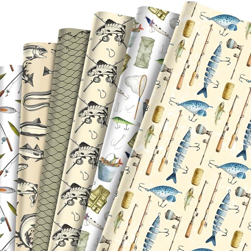 Yaosunyuer 12 Sheets Sea Fish Wrapping Paper 20 x 27 Ocean Fish Fishing Patterns Gift Wrap Paper for Fathers Day Gift Wrap Fishermen Daddys Birthday Ocean Themed Party Supplies
