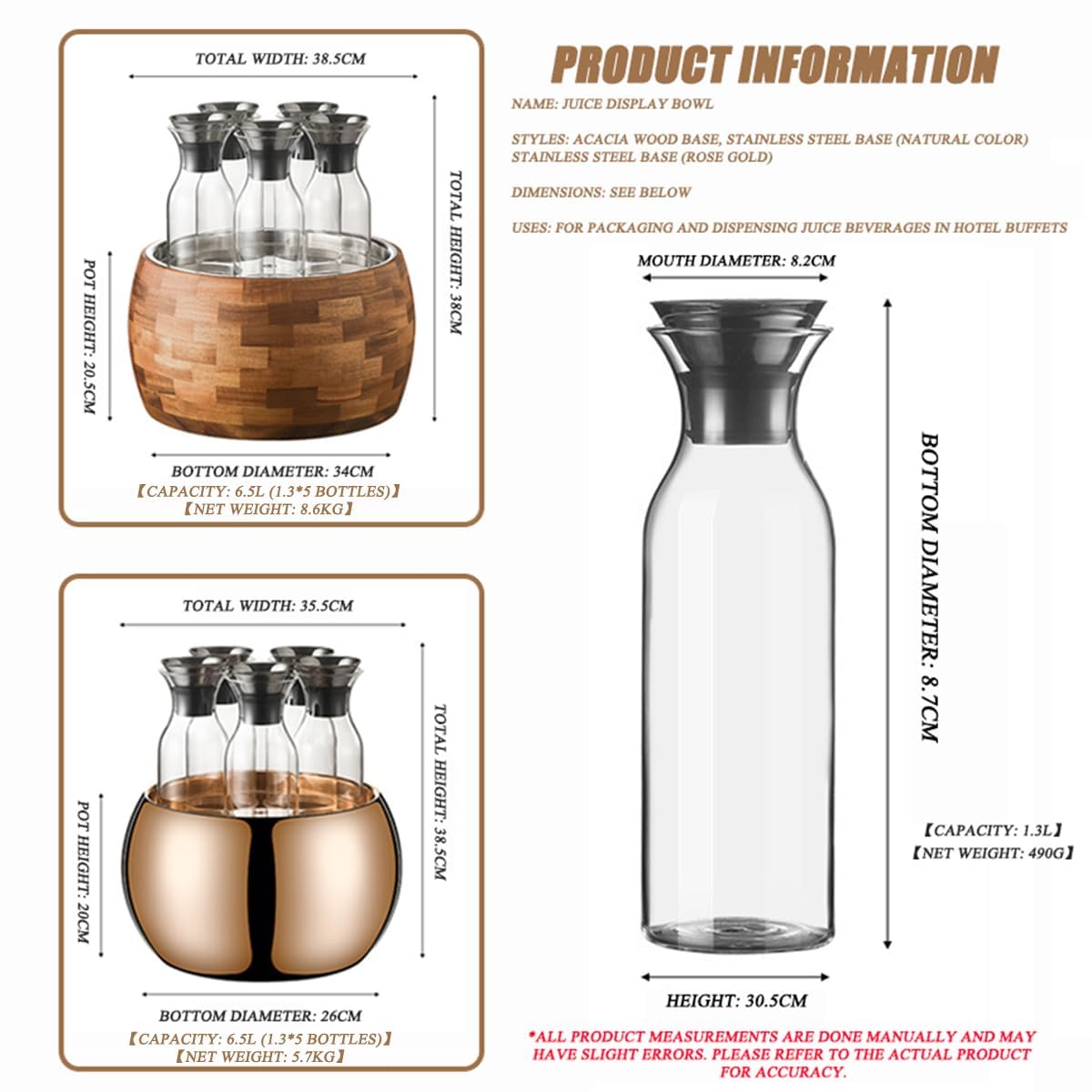 Cubo de hielo para bebidas con 5 botellas de vidrio, forro interior de acero inoxidable, base de grano de madera, capacidad de 6,5 L, boquilla de cierre automático, para bufés, bares y fiestas