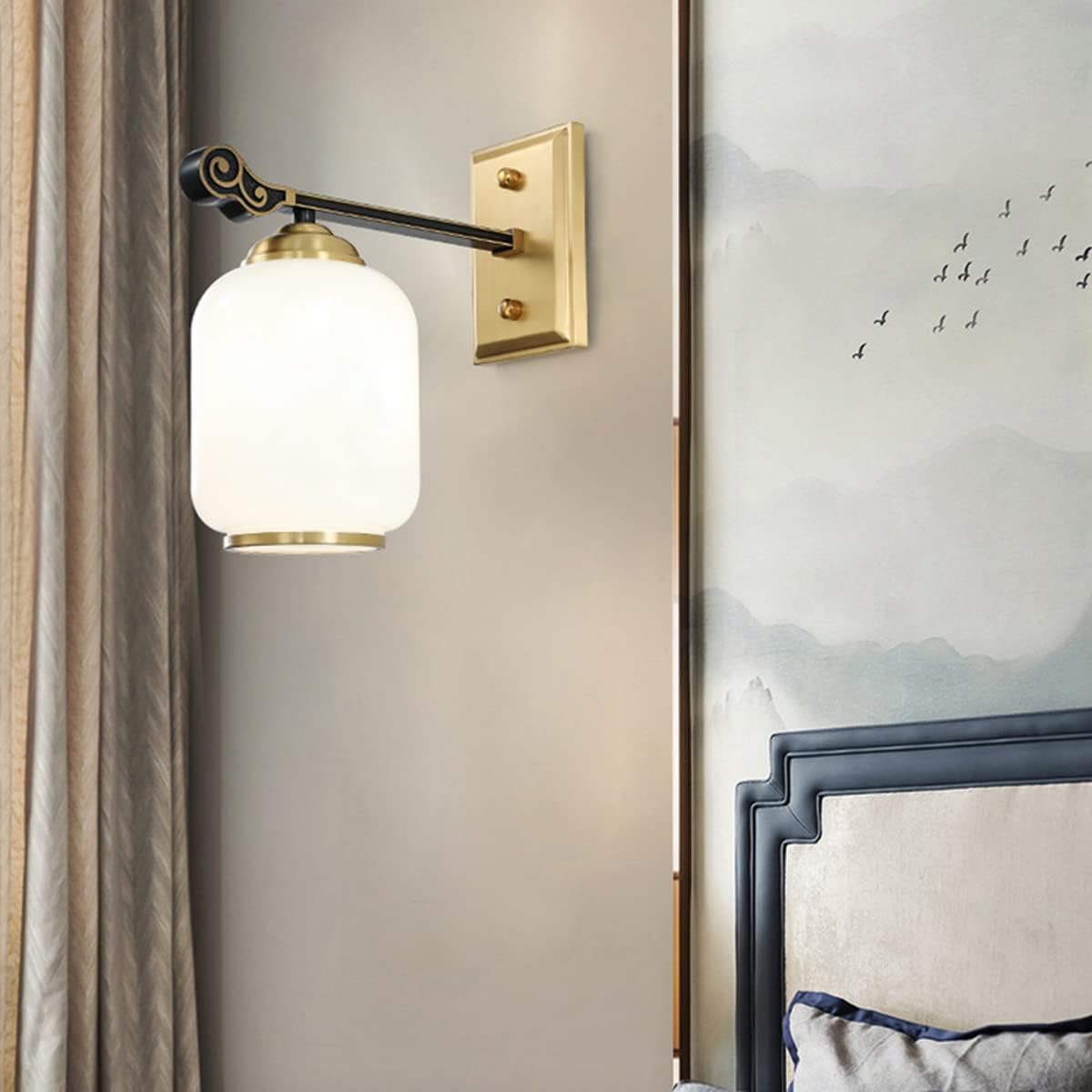 ASerZenith Led Wall Lamp, Chinese 丨Black Rubbed Copper Wall Light With Living Room丨Lotus Leaf Glass Lampshade Wall Sconces With Bedroom Bedside Lamp丨Wall Fixtures(White)