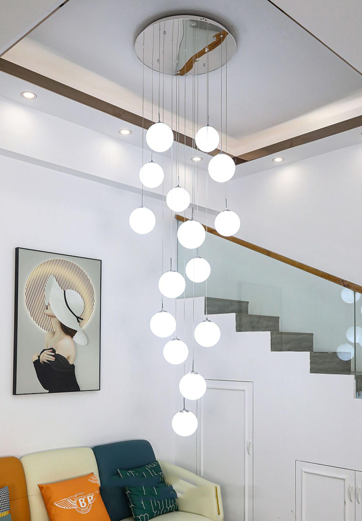 Lampadario a 15 Sfere per Scale per soffitti Alti, Lampada a Sospensione Lunga Dorata, lampadario a Bolle in Vetro Smerigliato, lampadario Cromato in Stile Moderno di metà secolo,