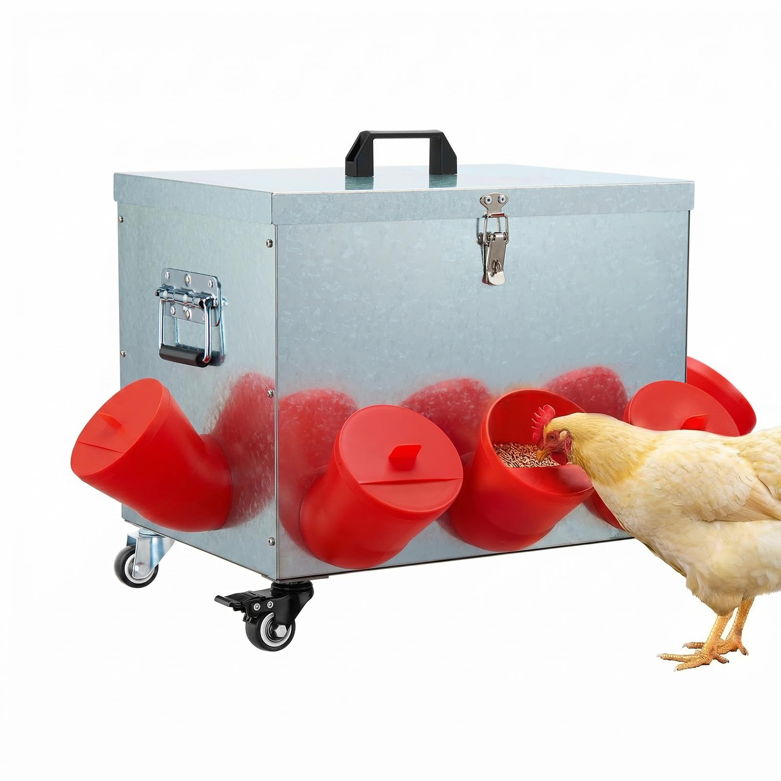 Photo 1 of Magicfly 40 lbs Chicken Feeder No Waste, Large Metal Automatic Chicken Feeder Box, 8 Bell-Mouth Feeding Port, with Handle and Wheels, Rat Proof Chick Feeder for Chickens, Ducks & Geese