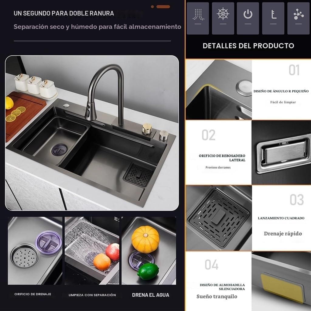 Fregadero de cascada de un solo tazón fregadero de cocina de acero inoxidable fregadero de estación de trabajo con nano revestimiento con grifo extraíble y arandela de taza