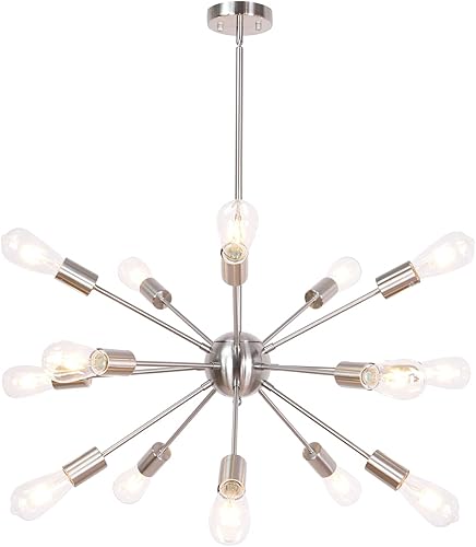 BONLICHT Candelabro Sputnik moderno con 15 luces de níquel cepillado de mediados de siglo, iluminación industrial empotrada, lámpara de techo de