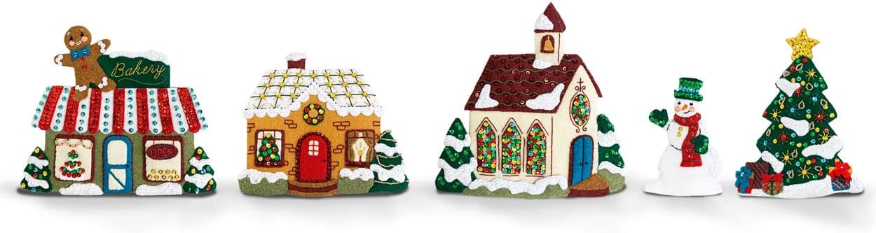 MerryStockings Mantel Series™ Collectible Classic Village Felt Kit – DIY Christmas Village Craft with Pre-Stamped Felt, Sequins, Beads & Instructions – Handmade Holiday Décor – Made in USA