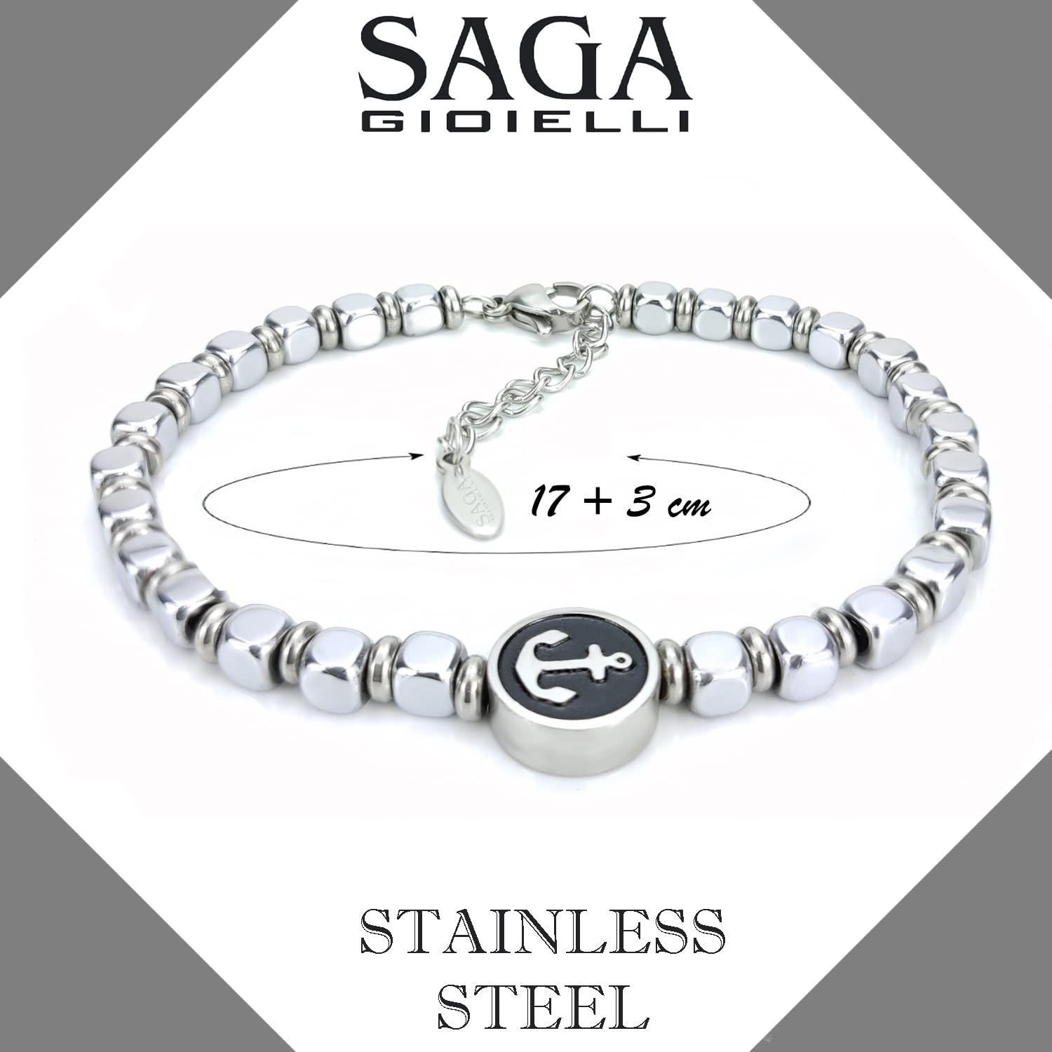 SAGA GIOIELLI® Bracciale Uomo in Acciaio Inossidabile con Ancora – Stile Nautico, Regolabile, Elegante e Resistente Confezione Regalo