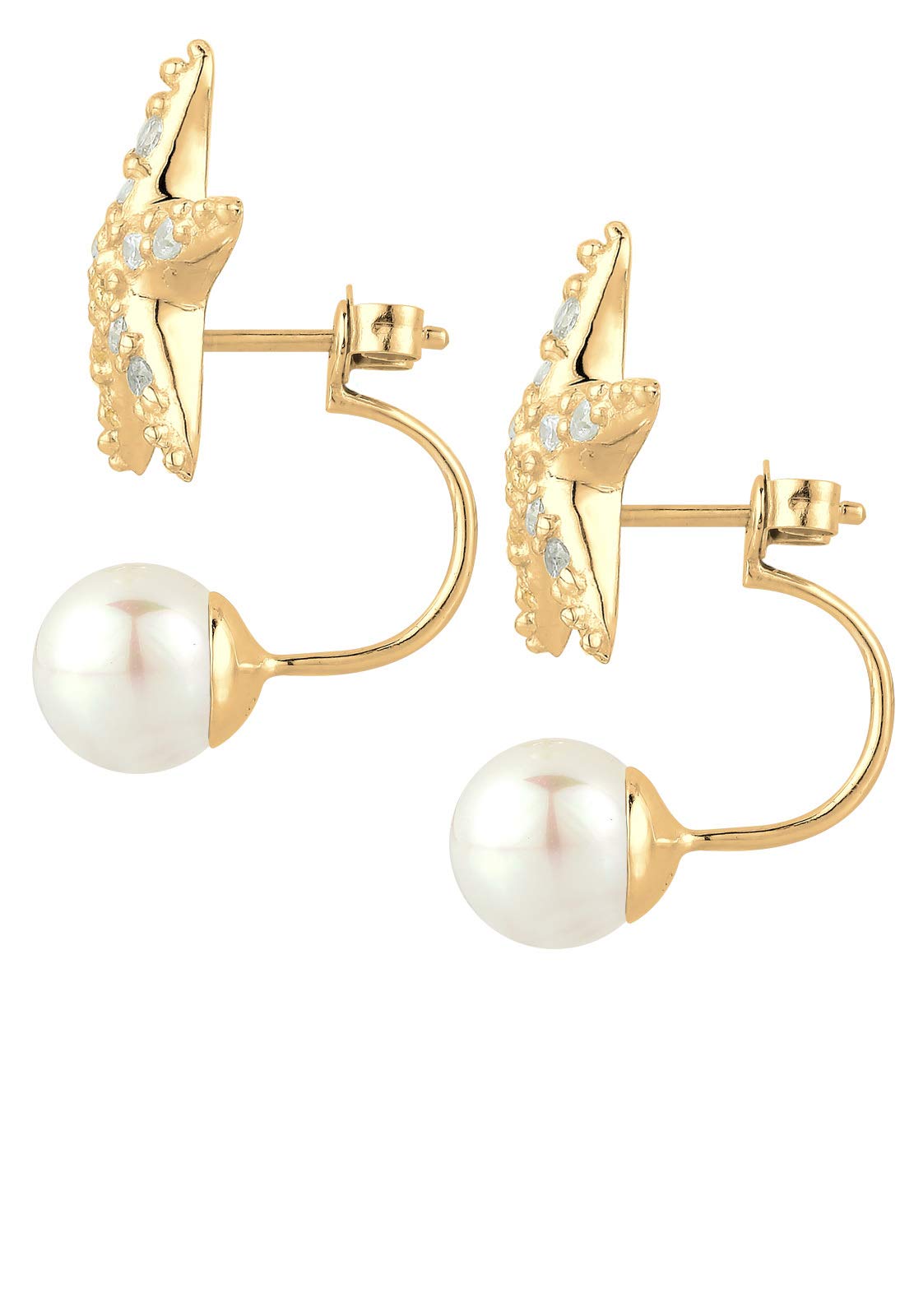Elli Pendientes para mujer con forma de estrella de mar con perlas y cristales de circonita en plata de ley 925 chapada en oro, Corte facetado, Circonia cúbica