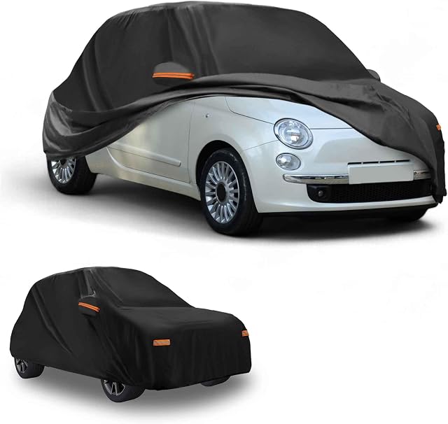 Couverture de voiture imperméable tout-temps - Protection extérieure complète et résistante aux UV pour Fiat 500 2007-2022 190T-PU Noir avec des fournitures de véhicule zippée côté droit