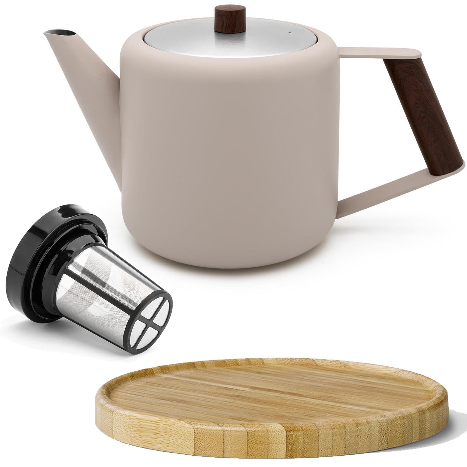 Bredemeijer doppelwandige Retro Teekanne 1.1 Liter beige - mit braunem Holz-Untersetzer & Edelstahl-Tee-Filter Sieb-Einsatz - isolierende Kanne aus Edelstahl