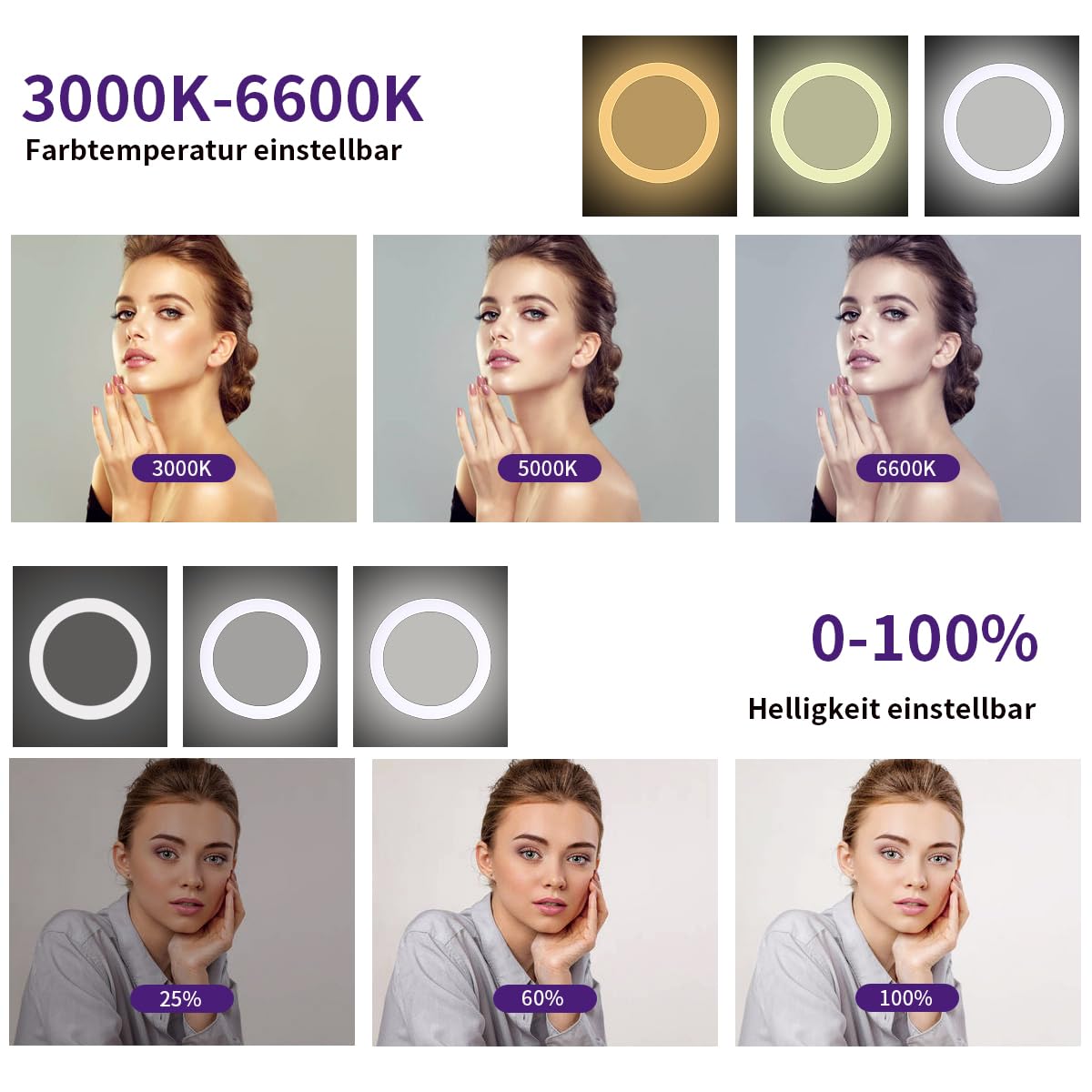 25 Zoll 75W Dimmbare zweifarbige LED-Ringlicht mit 70,87 Zoll Edelstahl-Schwerlastfotografie-Lichtständer, Schlauch, geeignet für Make-up, Selfies, YouTube, Augenbrauen, Tätowierungen,Wimpern
