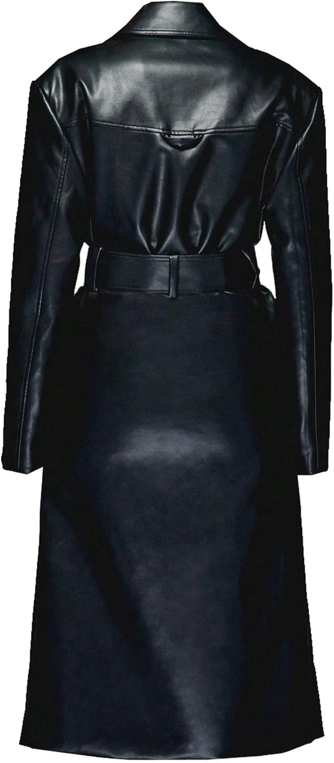 Dravex Genuine Leather Full-Length Trench Coat for Women With Zipper Closure and Waist Belt Black - Image 2