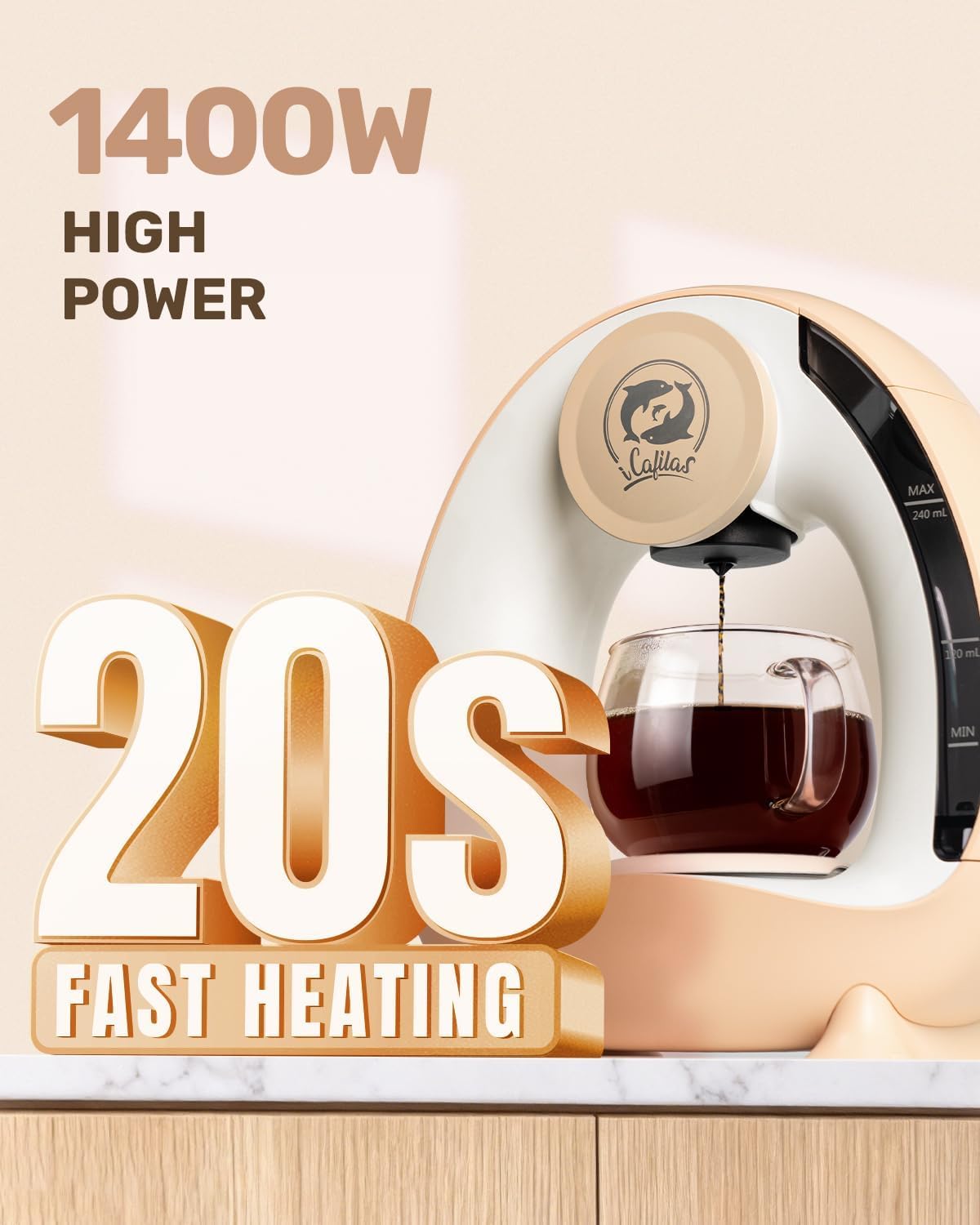 i Cafilas Mini Machine à Café Électrique, Cafetière 2-en-1 pour Café Moulu et Thé, Chauffage Rapide 20 s, Café Prêt en 2 min, Compacte pour Petit Espace, Champagne