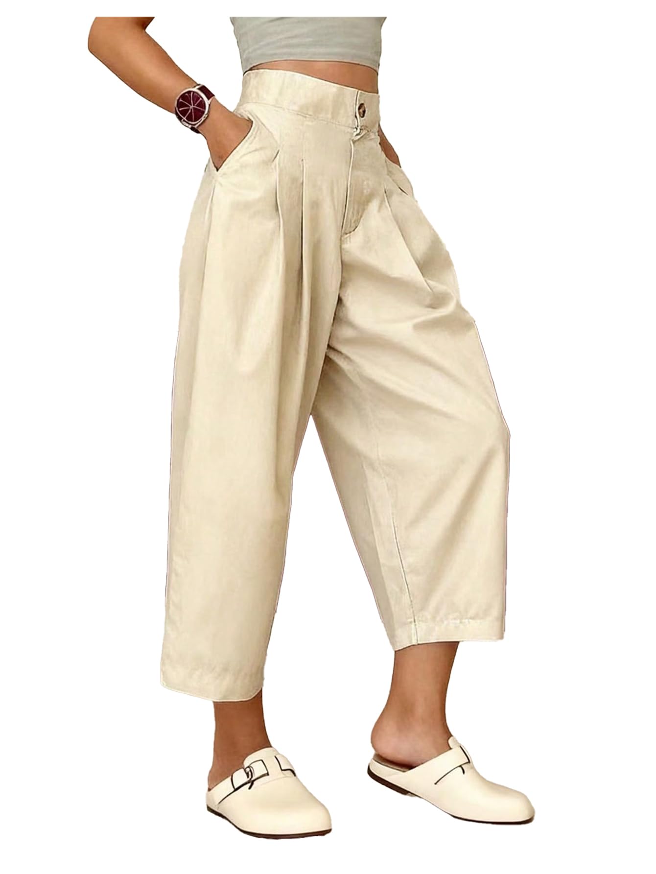 Womens Barrel Pants Vintage High Waisted Wide Leg Cropped Trousers with Pockets