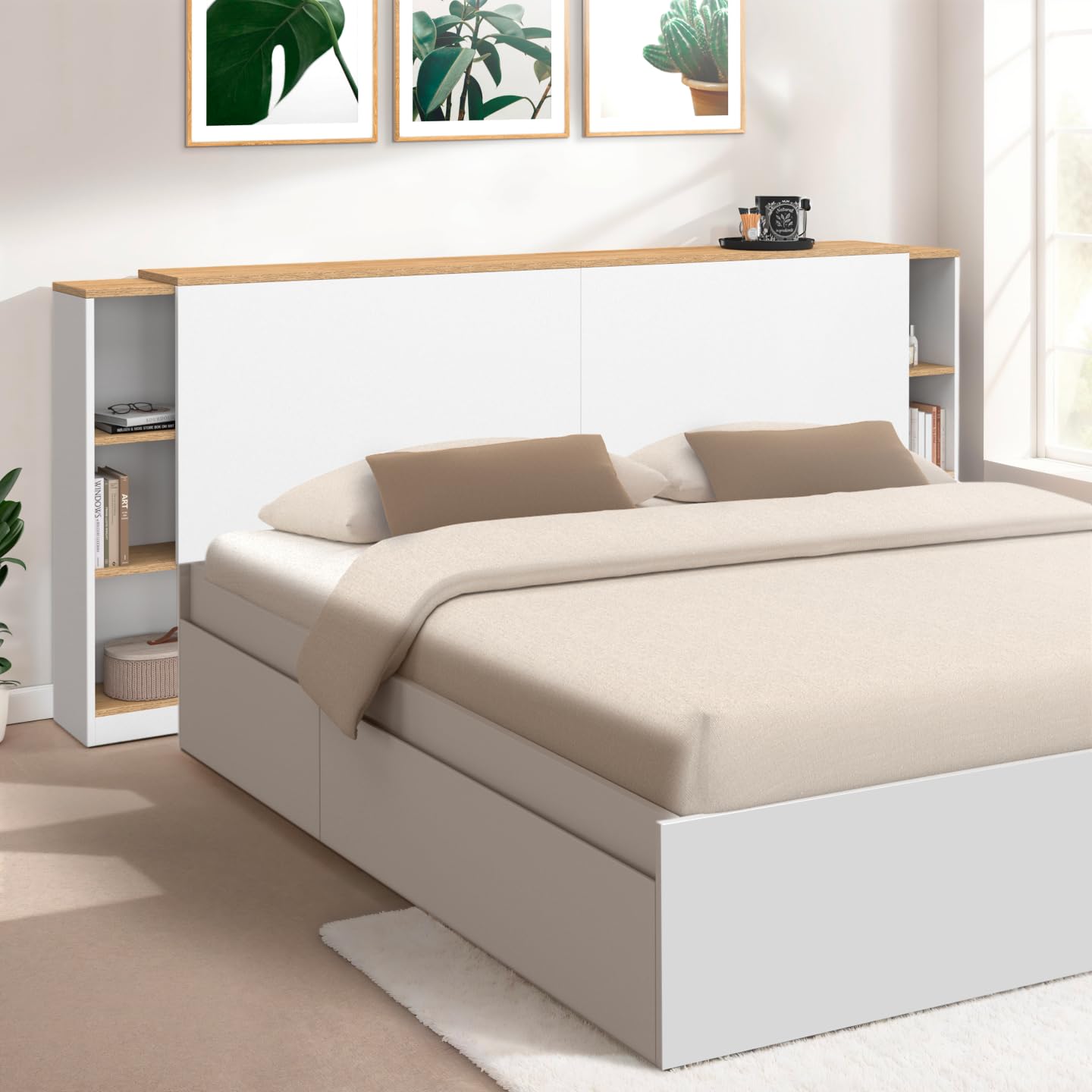 IDMarket - Cabecero extensible CATBA con almacenamiento deslizante para camas de 140 y 160 CM de madera y blancas