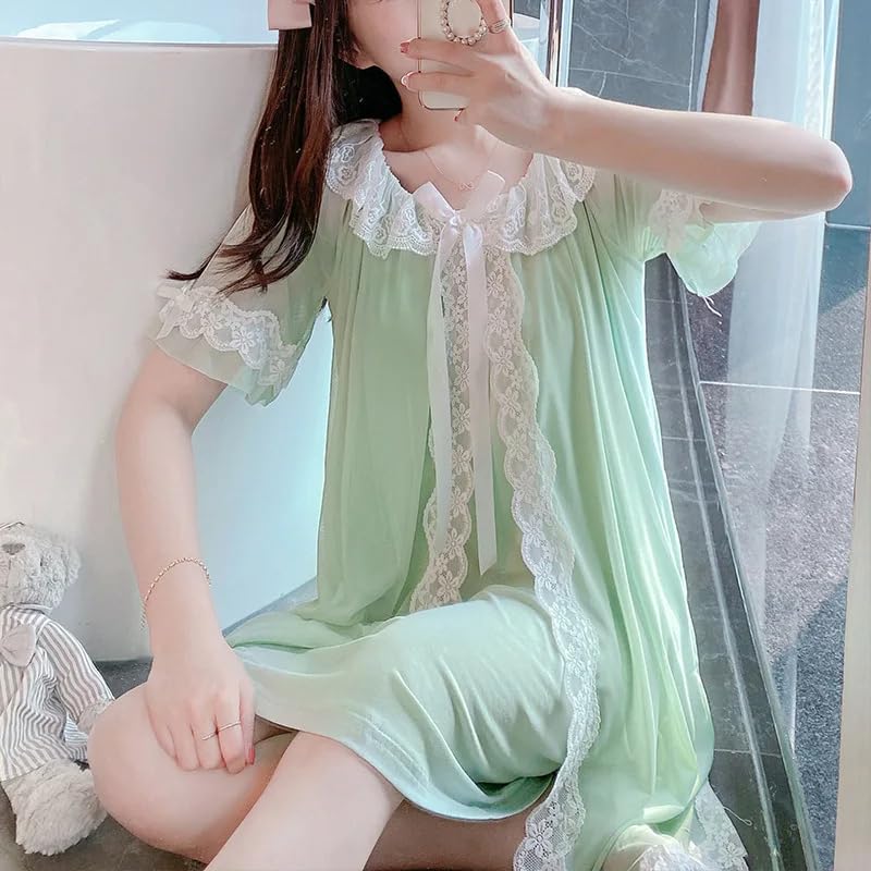 OFFSUM Camisón De Pijama De Mujer - Moda Encaje Bordado Cuello Redondo Ropa De Dormir Color Sólido Princesa Estilo Francés Tamaño Grande Lencería Casual Albornoz,Verde,XL