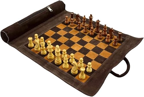 Juego de ajedrez de cuero genuino de 19 x 15 pulgadas, tablero de 12 x 12 pulgadas, piezas tamaño King de 3 pulgadas, bolsa de ajedrez enrollable