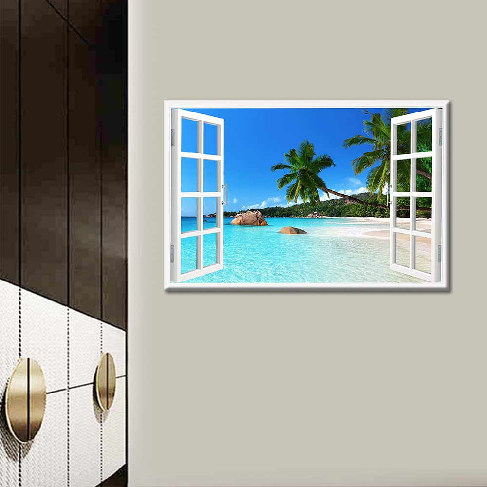TISHIRON 3D Window Effect View Canvas Wall Art Coconut Tree Beach Seaside Landscap Pictures Kitchen for Living Room Bedroom Office Home Decorations Ready to Hang 16x24inch - Image 4