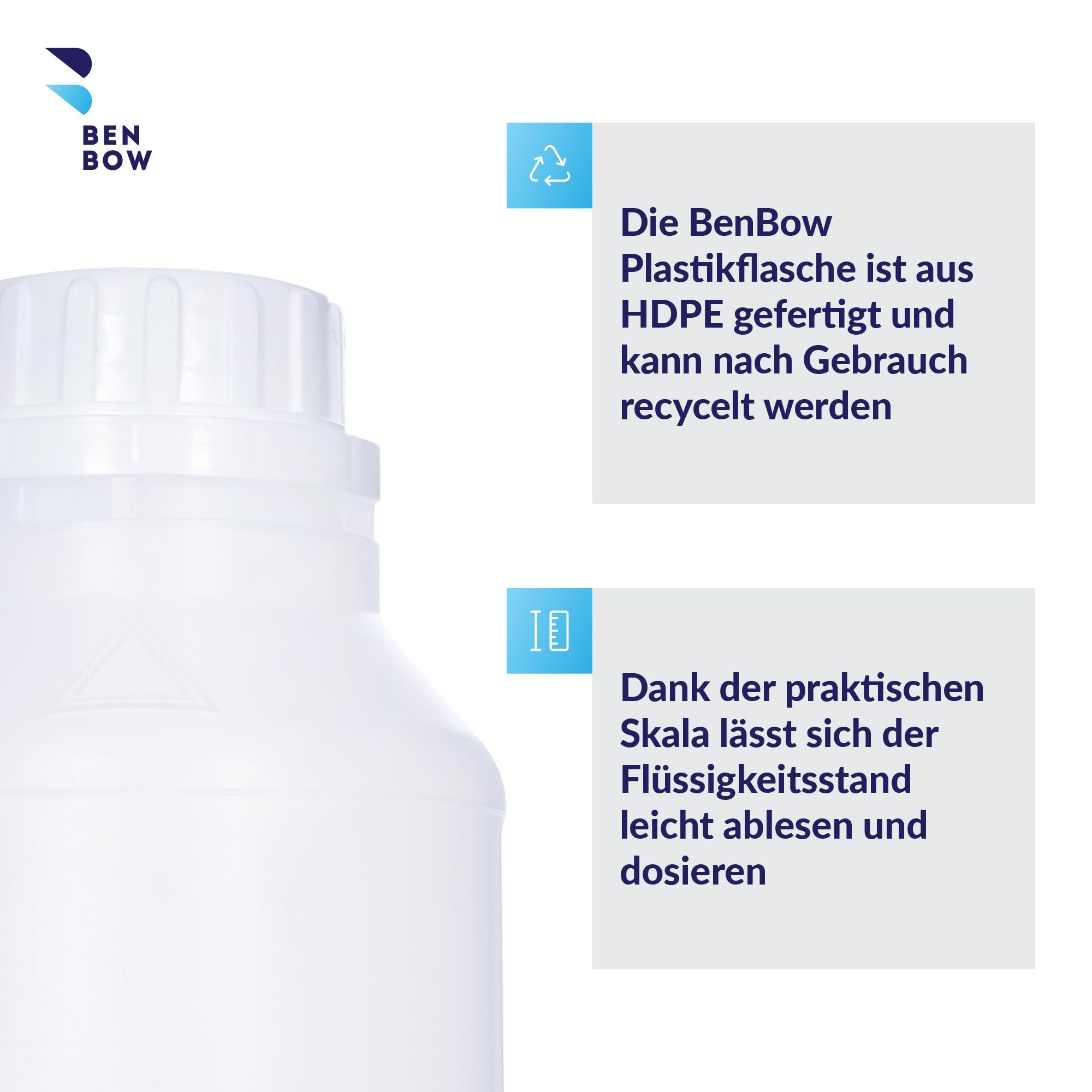 BenBow HDPE Kunststoffflasche 10x 500ml mit Schraubverschluss und Skala für sichere Aufbewahrung von Flüssigkeiten und Chemikalien - ideal für Haushalt, Labor und Industrie