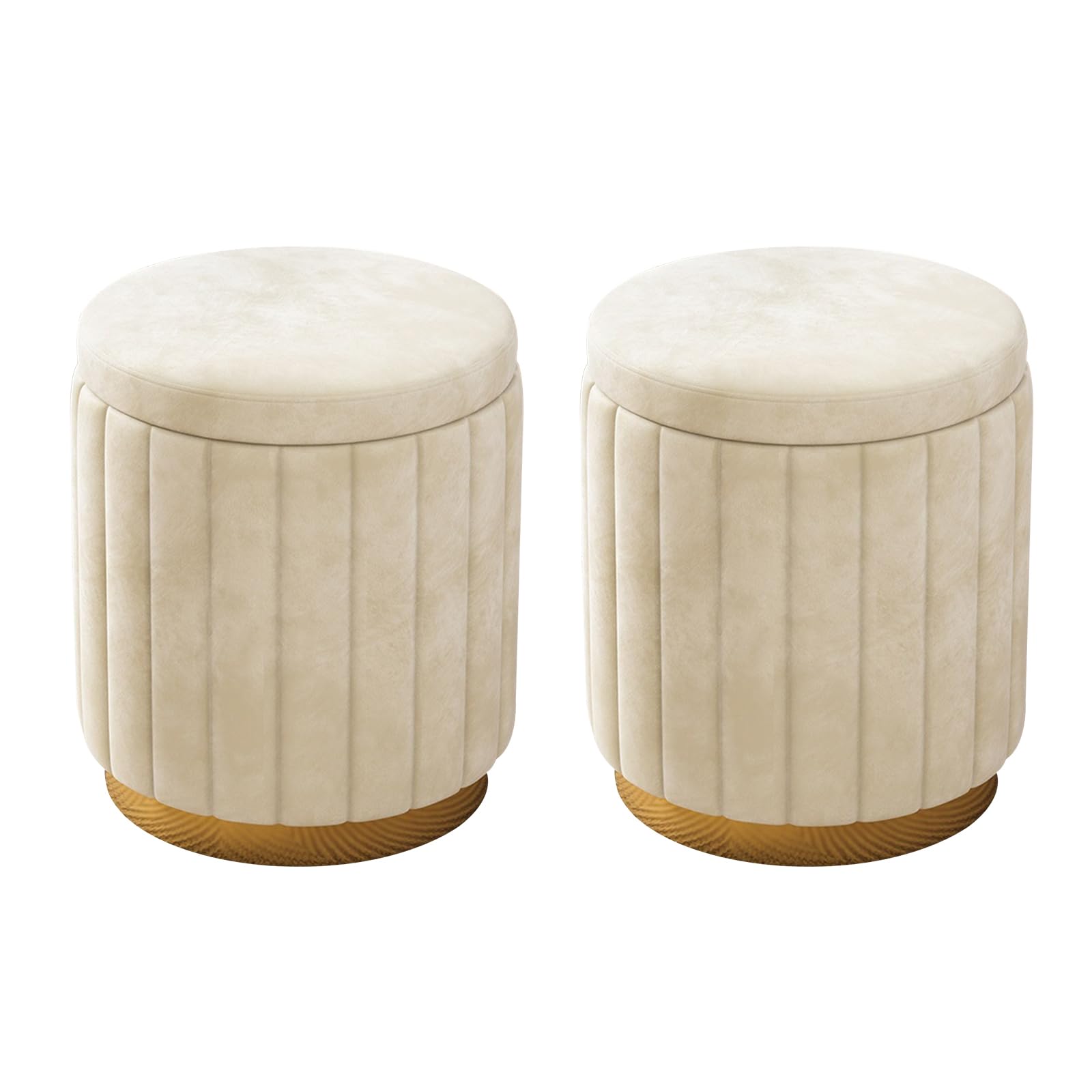 Pouf rotondo con contenitore, set di 2 sgabelli imbottiti in velluto con base in metallo, sgabelli moderni per camera da letto, soggiorno, mobili per la casa (set da 2, beige)