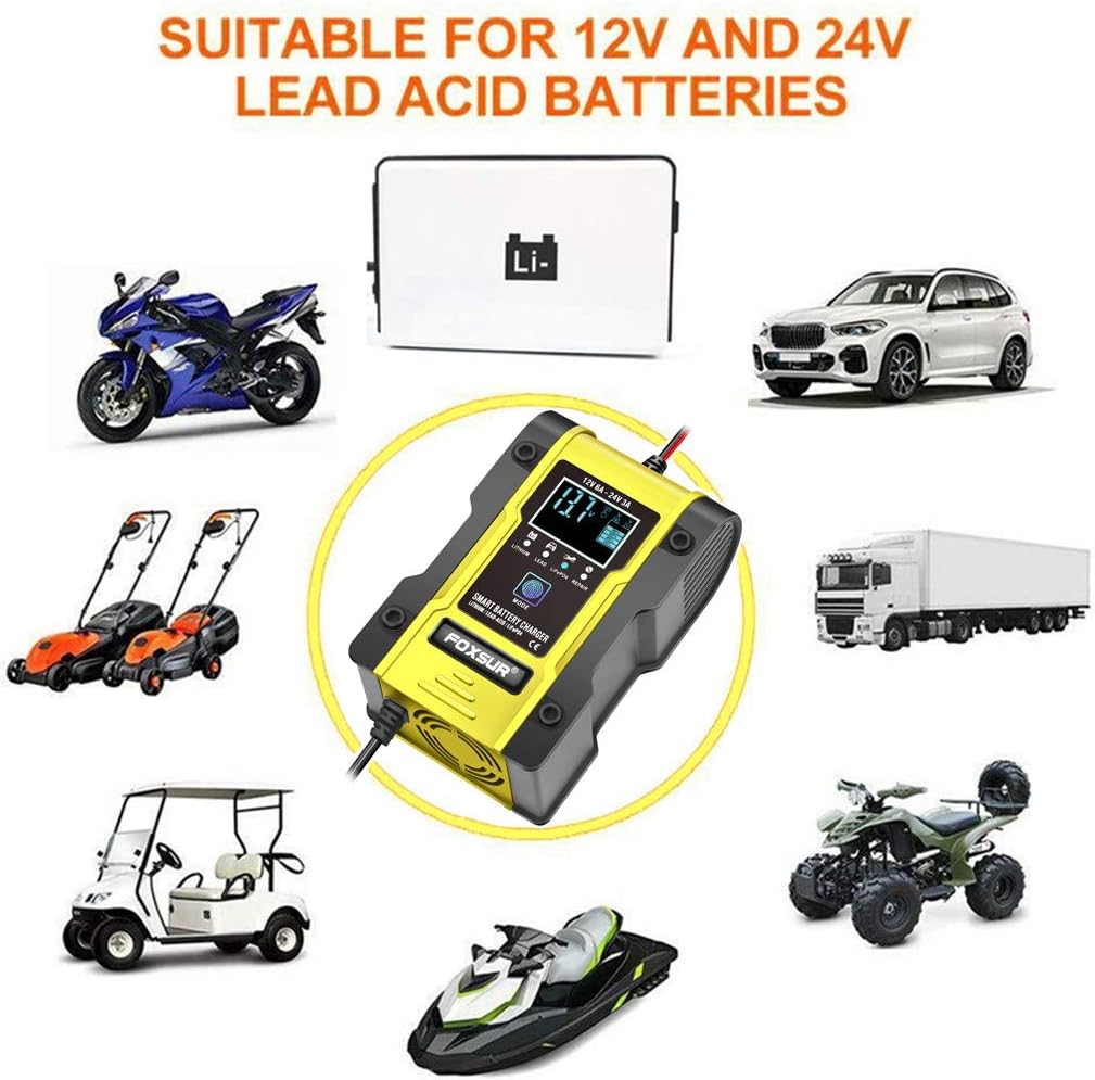 [New Upgrade] Lithium Battery Charger, 12V/24V 6Amp Full Automatic Intelligent Car Battery Charger(Lithium Batteries, Lead-Acid Batteries, Calcium, etc)/Maintainer Delivers 7 Stage Charging