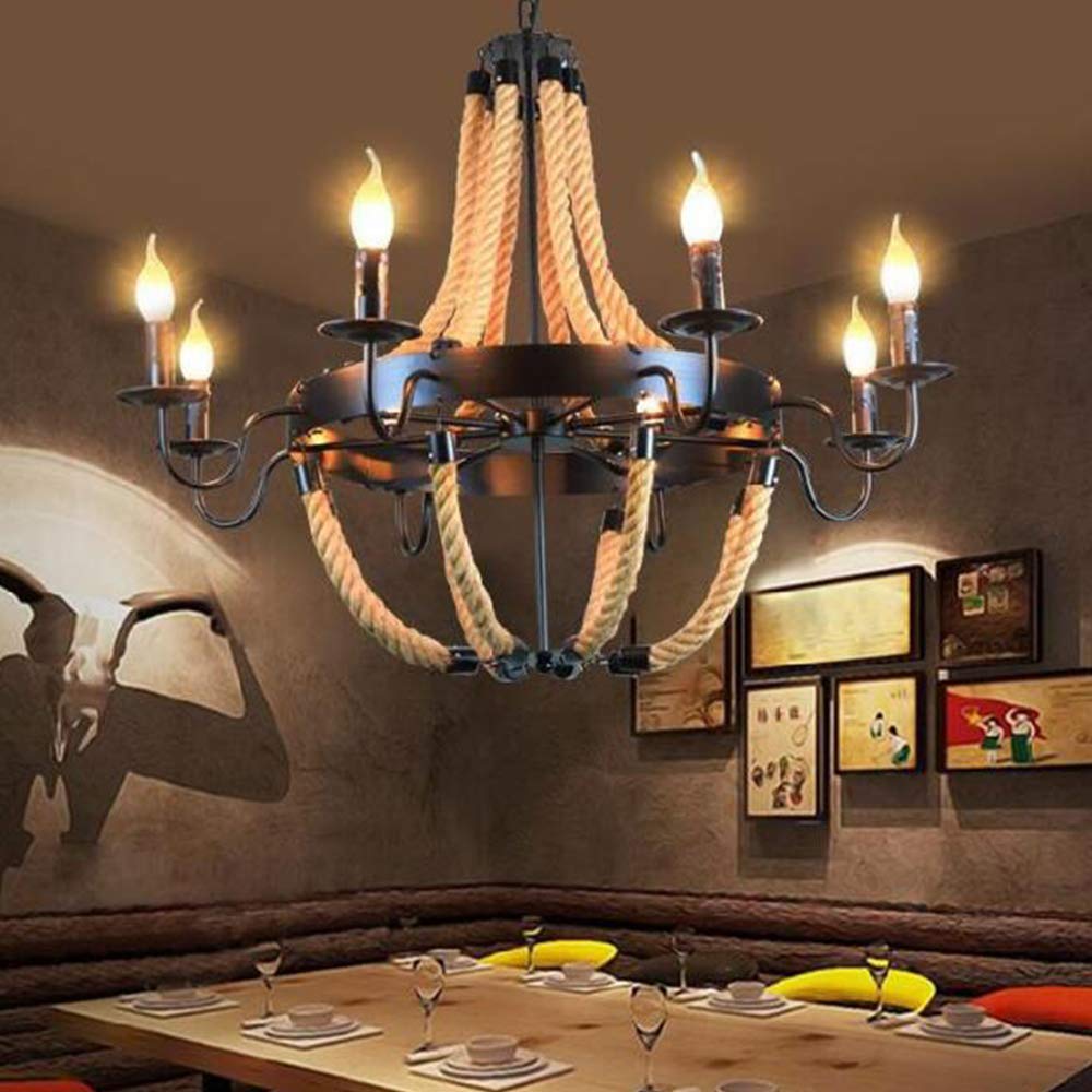 Lámpara De Araña Cuerda De Cáñamo Luz Colgante Rústico E14 Luz De Techo Cuerda Vintage Lámpara Colgante De Metal Industrial Comedor Cocina Sala De Estar Bar Cafe Lámparas Colgantes,6 heads