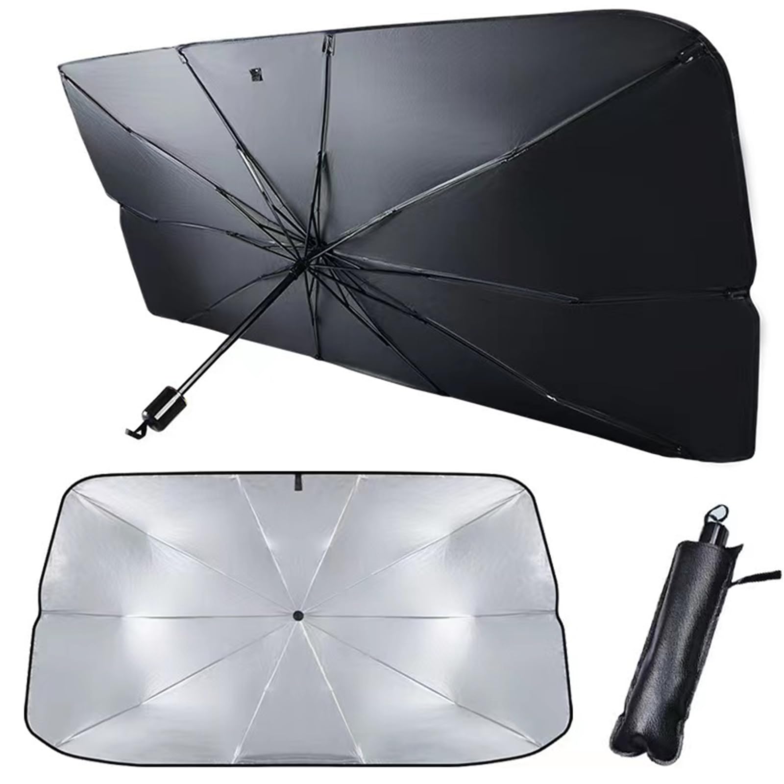 Satiskid Car Windshield Sun Shade Umbrella with Leather Bag, UV Reflecting Car Front Windscreen Sunshade Foldable Interior Windscreen Sun Visor Protector, Windshield Sunshade for Car Inside (79x140cm)
