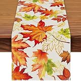 Fall Table Runner 72 x 13 Inch Thanksgiving Decorations, Linen Burlap Maple Leaves...