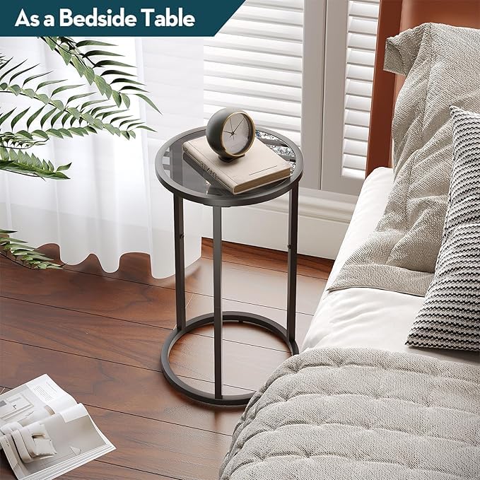 Image of Modern Round Side Table with Black Glass Top | Metal End Table for Living Room & Bedroom
