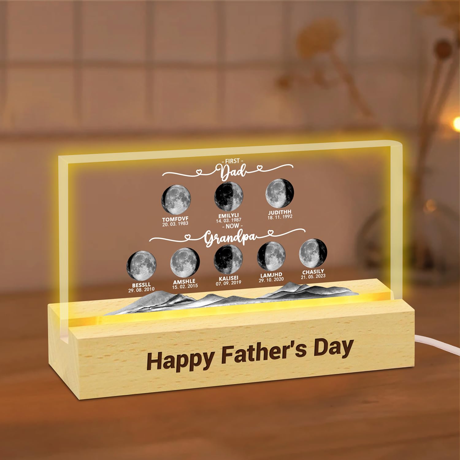 VWCSDSCS First Dad Now Grandpa Personalized Moon Phase LED Night Light for Father,Custom Name and Birthdate Acrylic Block,Fathers Day Gift for Husband Grandpa