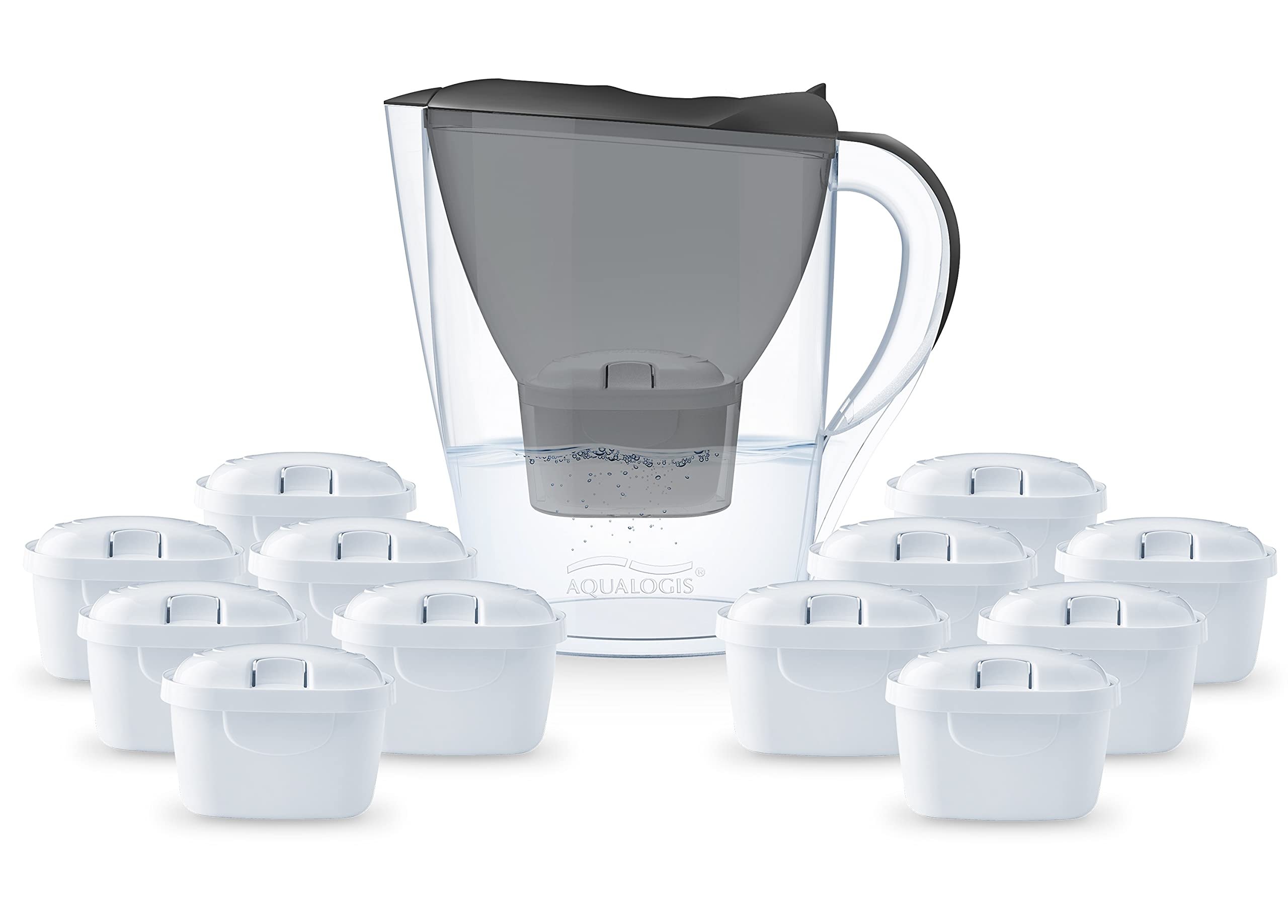 AqualogisWater Filter Light Grey with Filter Cartridge - Filter in Modern Design to Reduce Lime, Chlorine & Flavour-Disrupting Substances (Graphite, 12 Pure+)
