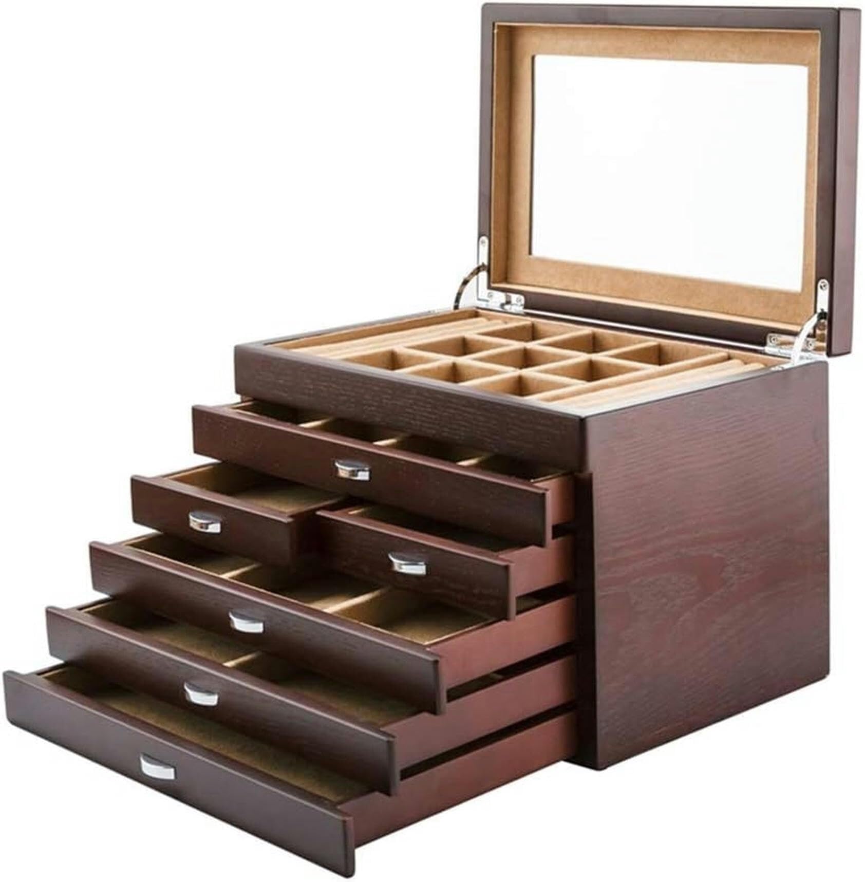 Boîte de rangement de bijoux grand format en bois avec compartiment montre et bague pour femme