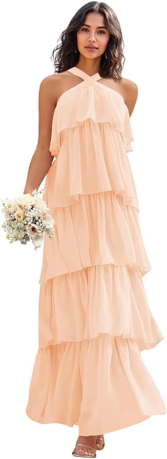 Chiffon Halter Bridesmaid Dresses for Women Ruffle Tiered Prom Dress Long Formal Evening Gowns