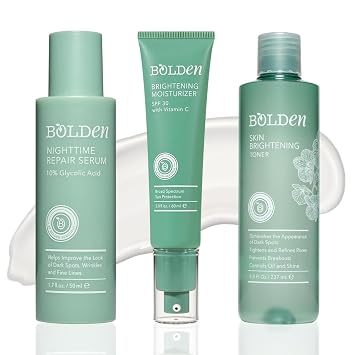 Bolden Face Care Pack of 3 Bundle Skin Brightening Toner with Glycolic Acid, Vitamin C Moisturizer SPF 30 & Nighttime Repair Serum for Dark Spots, Oily & Acne-Prone Skin